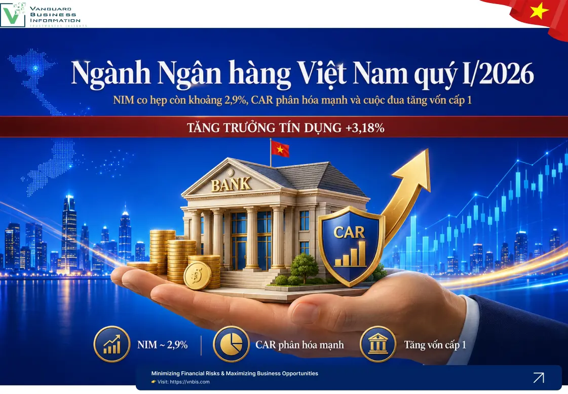 Ngành Ngân hàng Việt Nam quý I/2026: NIM co hẹp còn khoảng 2,9%, CAR phân hóa mạnh và cuộc đua tăng vốn cấp 1